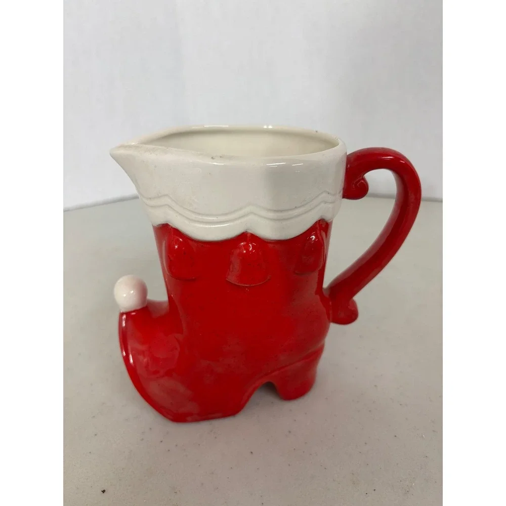 Vintage Christmas Elf Boot Pitcher Creamer Red White‎ Ceramic Holiday Decor